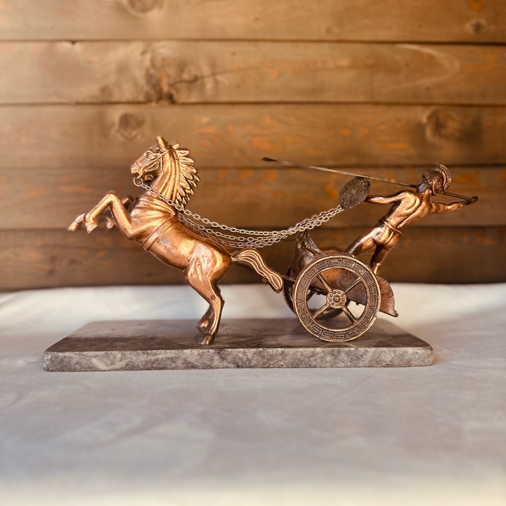 1960s Roman Gladiator Bronze Statue Horse And Chariot On Marble Base Vintage MCM
